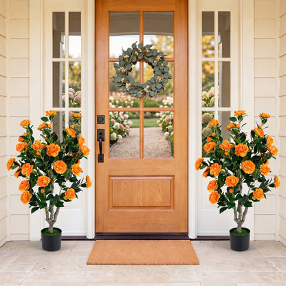 Set of 2 39.5" Artificial Camellia Trees, Cement Pots, Orange