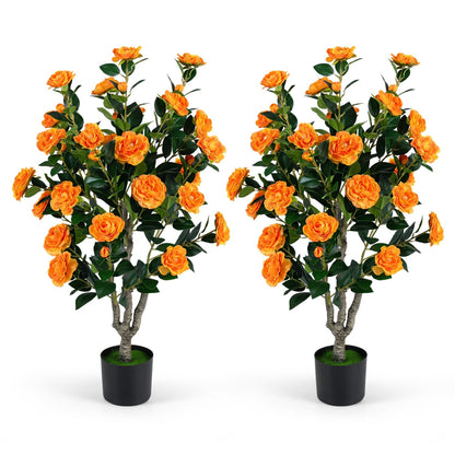 Set of 2 39.5" Artificial Camellia Trees, Cement Pots, Orange