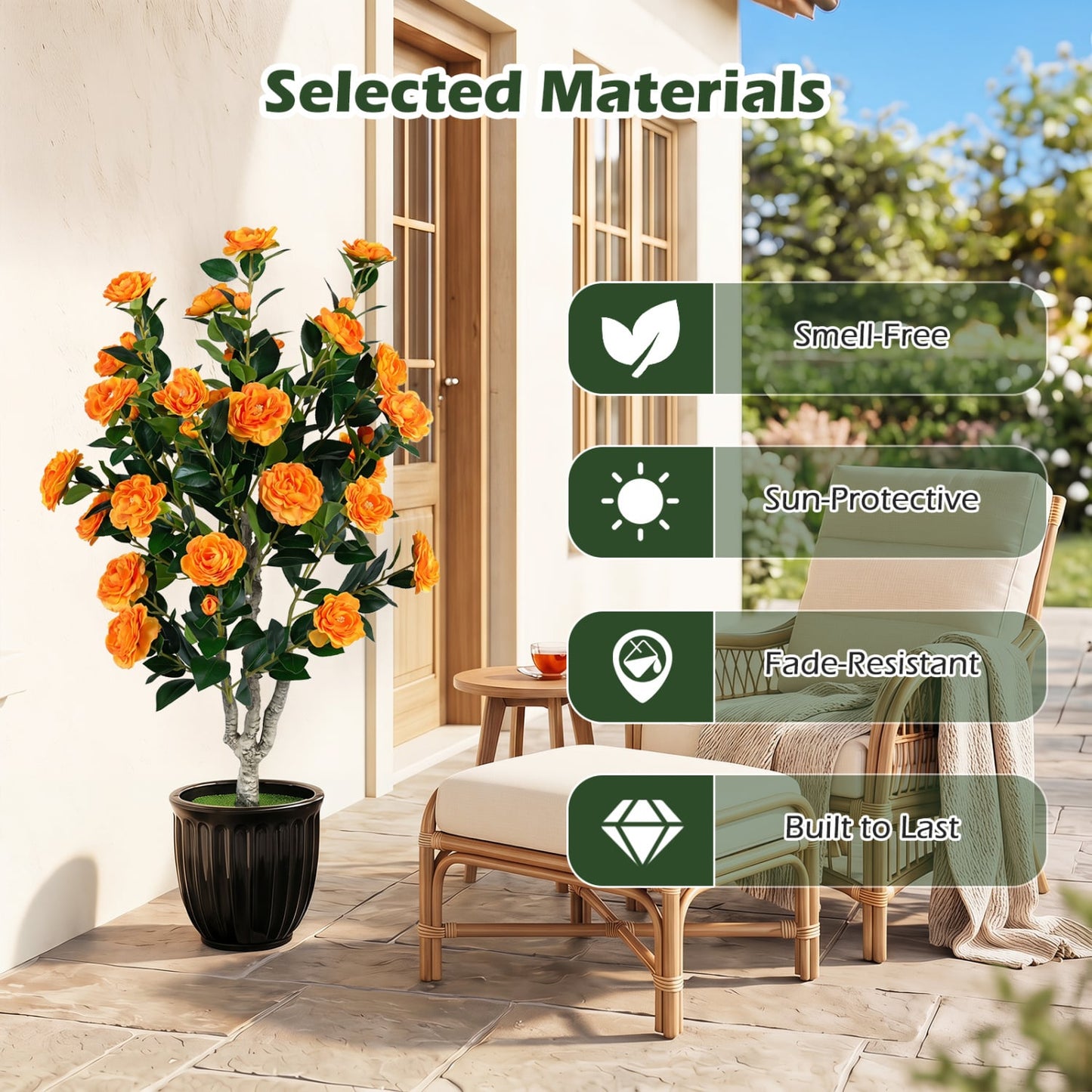 Set of 2 39.5" Artificial Camellia Trees, Cement Pots, Orange
