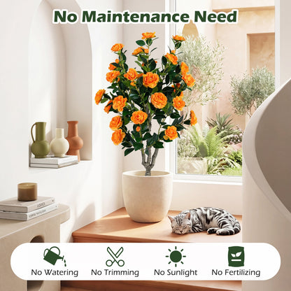 Set of 2 39.5" Artificial Camellia Trees, Cement Pots, Orange