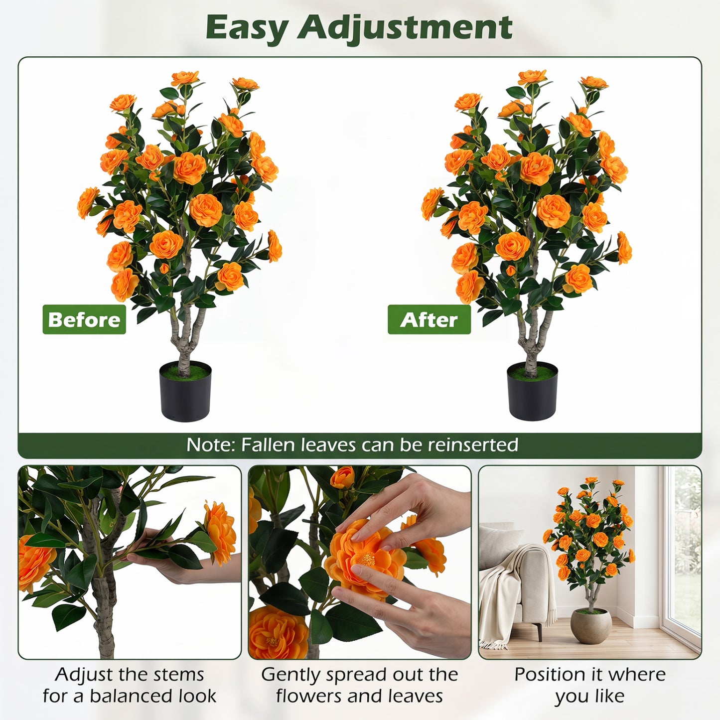 Set of 2 39.5" Artificial Camellia Trees, Cement Pots, Orange