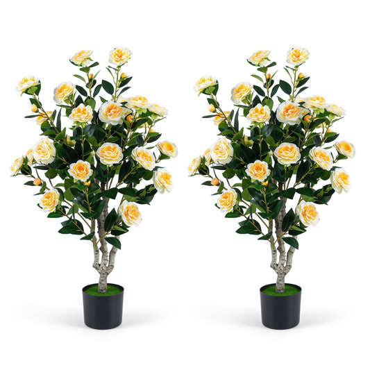 Set of 2 39.5" Artificial Camellia Trees, White Pots, Orange Blossoms Faux Plants White at Gallery Canada
