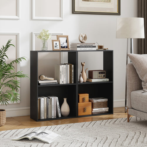 Set of 2 3-Tier Bookshelf with Open Storage Compartment and Freestanding Display Shelf, Black