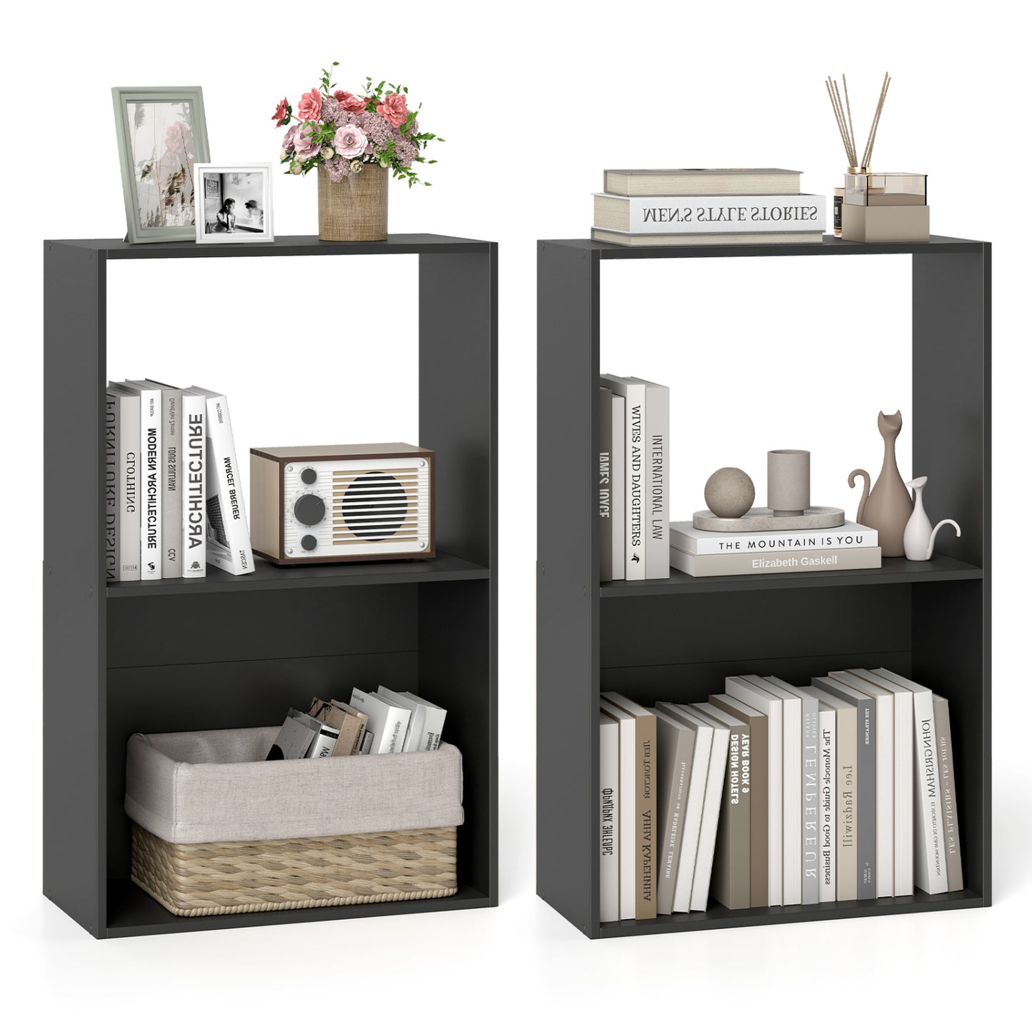Set of 2 3-Tier Bookshelf with Open Storage Compartment and Freestanding Display Shelf, Black Bookcases Black at Gallery Canada