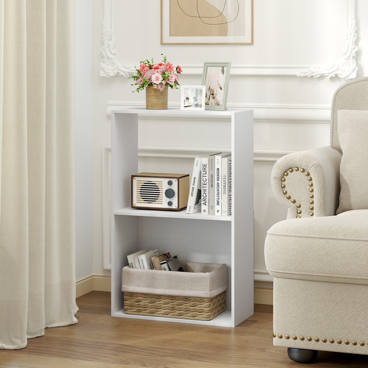 Set of 2 3-Tier Bookshelf with Open Storage Compartment and Freestanding Display Shelf, White Bookcases at Gallery Canada
