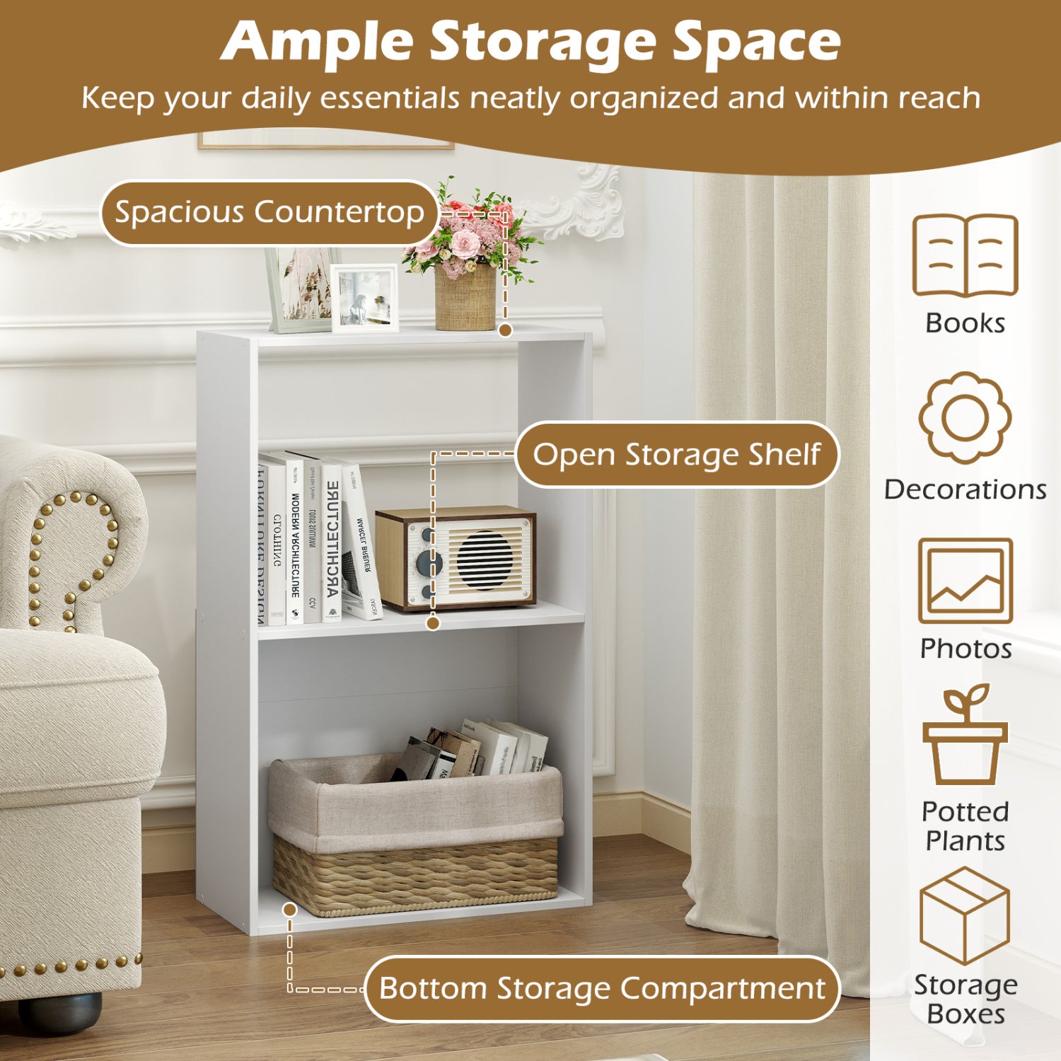 Set of 2 3-Tier Bookshelf with Open Storage Compartment and Freestanding Display Shelf, White Bookcases at Gallery Canada