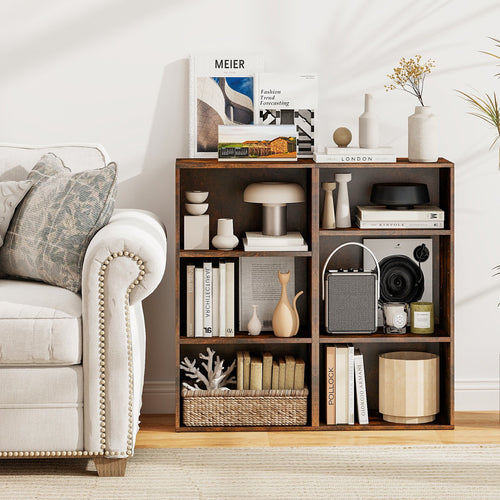 Set of 2 3-Tier Cube Bookcase with Adjustable Shelves for Home Office, Rustic Brown