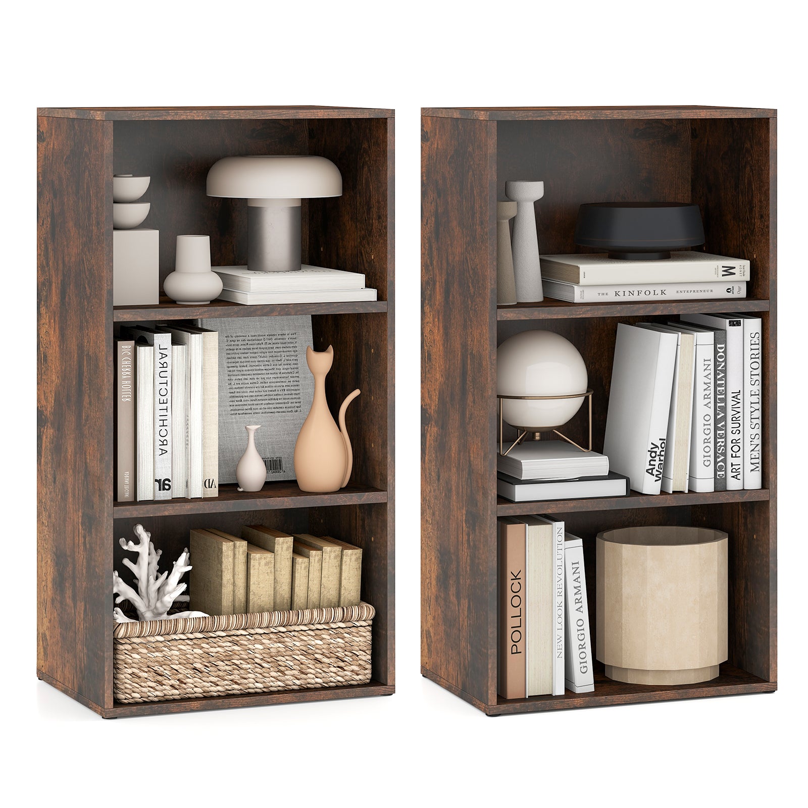 Set of 2 3-Tier Cube Bookcase with Adjustable Shelves for Home Office, Rustic Brown Bookcases Rustic Brown at Gallery Canada