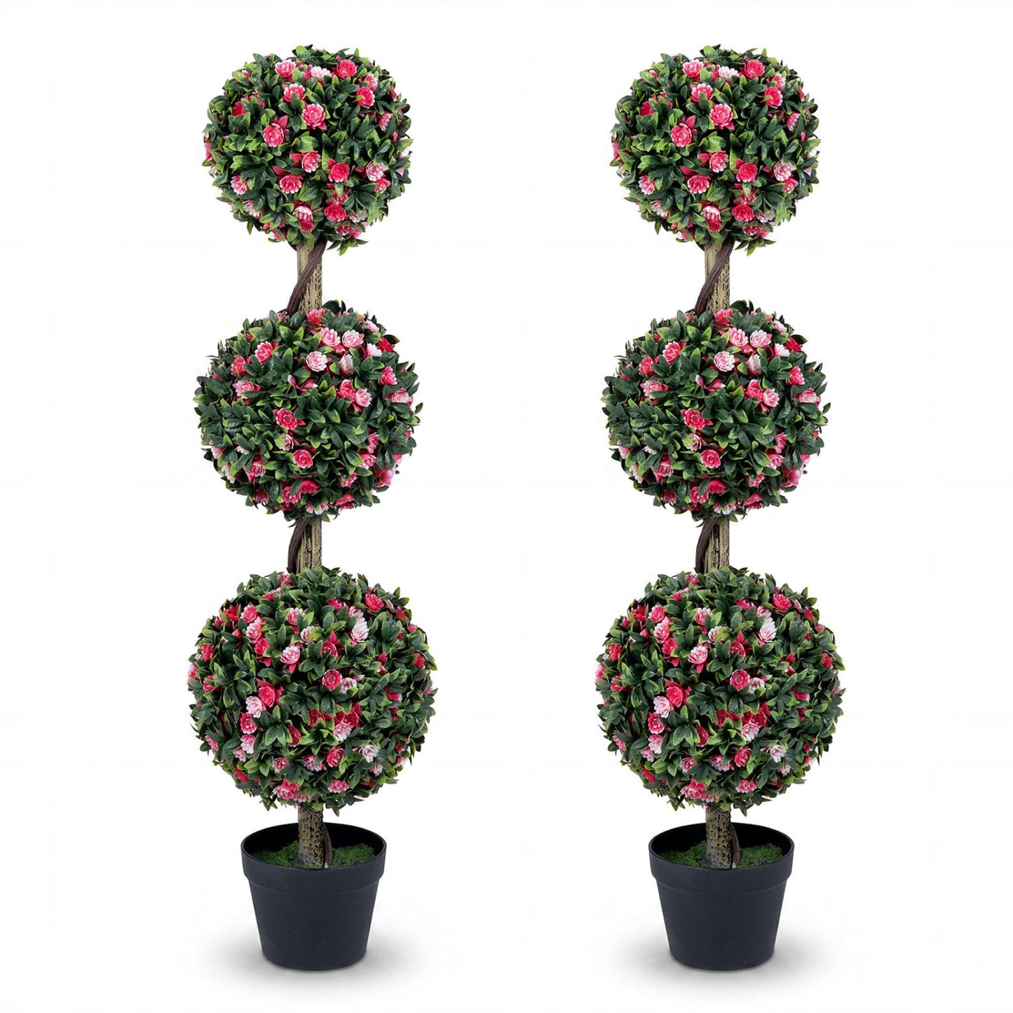 Set of 2 43.5" Artificial Triple Ball Rose Topiary Tree with Lifelike Blooms and Green Leaves