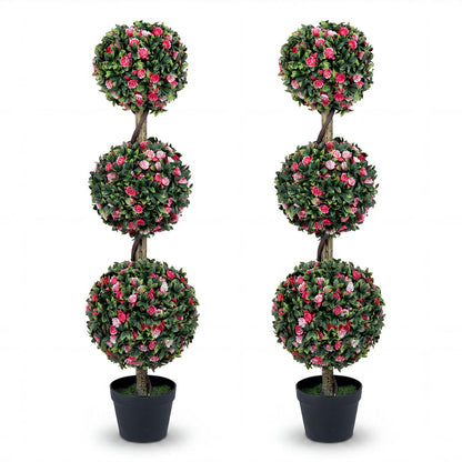 Set of 2 43.5" Artificial Triple Ball Rose Topiary Tree with Lifelike Blooms and Green Leaves