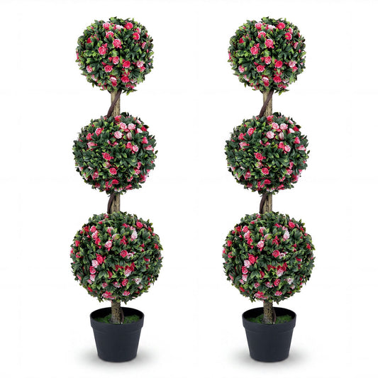 Set of 2 43.5" Artificial Triple Ball Rose Topiary Tree with Lifelike Blooms and Green Leaves Faux Plants Green & Pink & Black at Gallery Canada