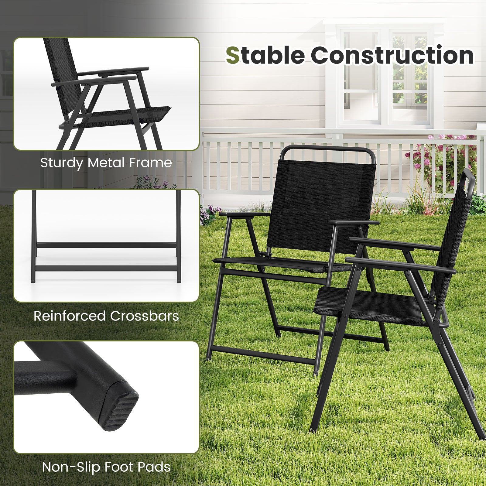 Set Of 2/4/6 Outdoor Folding Chairs, Breathable Seat, Black Patio Dining Chairs at Gallery Canada