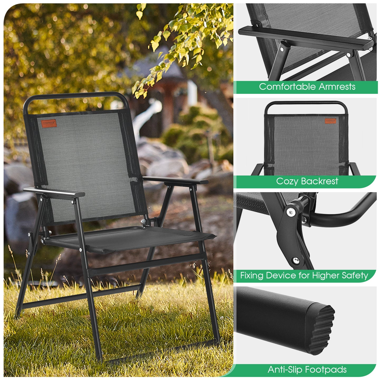 Set of 6 Outdoor Folding Chairs, Breathable Seat, Black Patio Dining Chairs at Gallery Canada