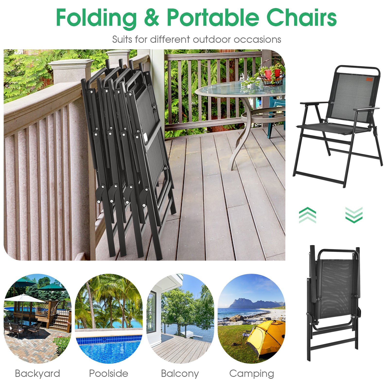 Set of 6 Outdoor Folding Chairs, Breathable Seat, Black Patio Dining Chairs at Gallery Canada