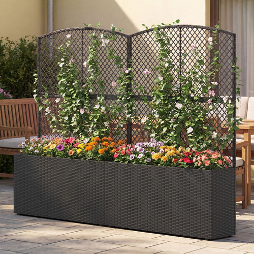 Set Of 2 58 Inch Raised Garden Bed, Trellis, Wicker Planter Box, Black