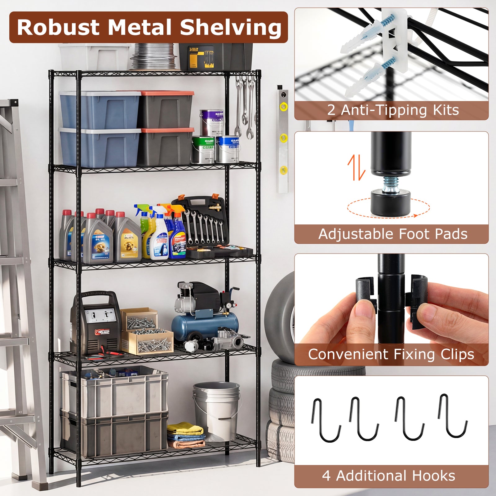 Set of 2 5-Tier Metal Storage Shelving Unit with V-Shaped Wire Rack and 1250 LBS Capacity, Black Garages at Gallery Canada
