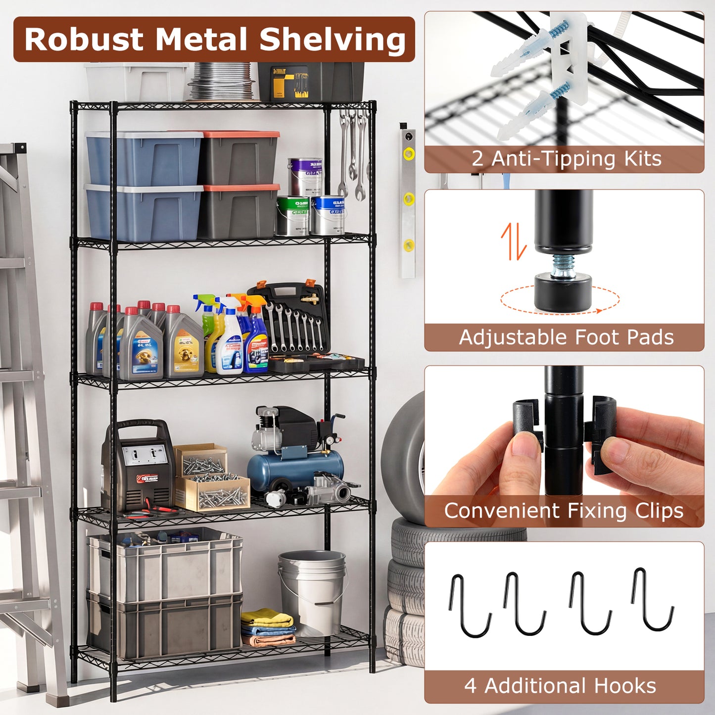 Set of 2 5-Tier Metal Storage Shelving Unit with V-Shaped Wire Rack and 1250 LBS Capacity, Black Garages at Gallery Canada