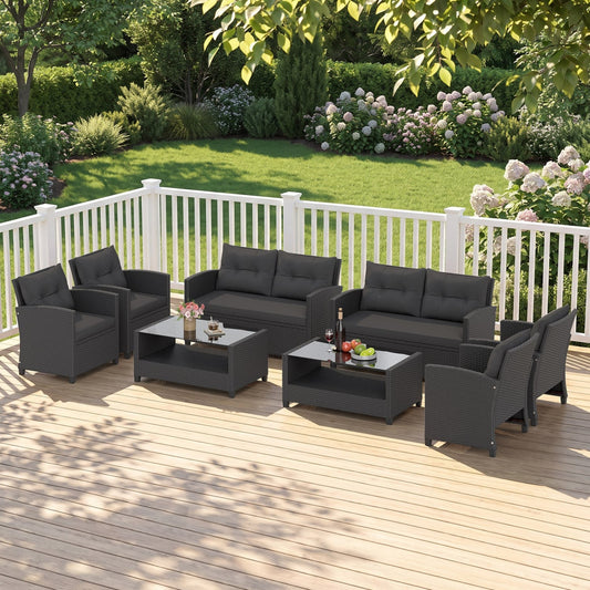 2 8-Piece Patio Rattan Conversation Set, Glass Table, Black