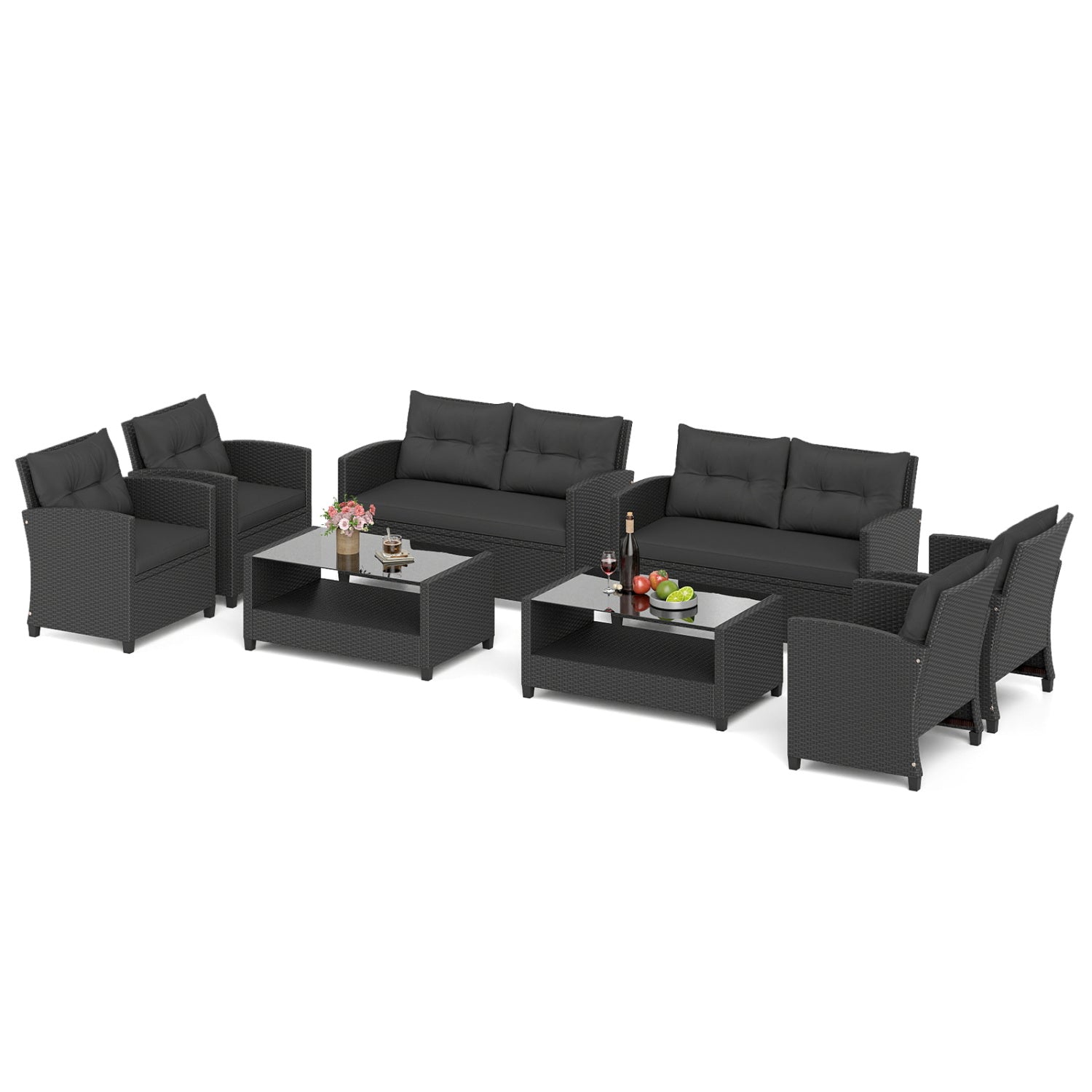 Set of 2 8 Pieces Patio Rattan Conversation Furniture Set with Glass Top Coffee Table, Black Patio Conversation Sets Black at Gallery Canada