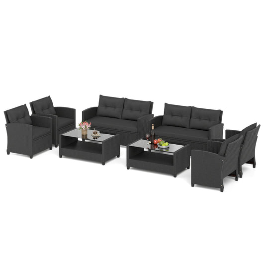 2 8-Piece Patio Rattan Conversation Set, Glass Table, Black