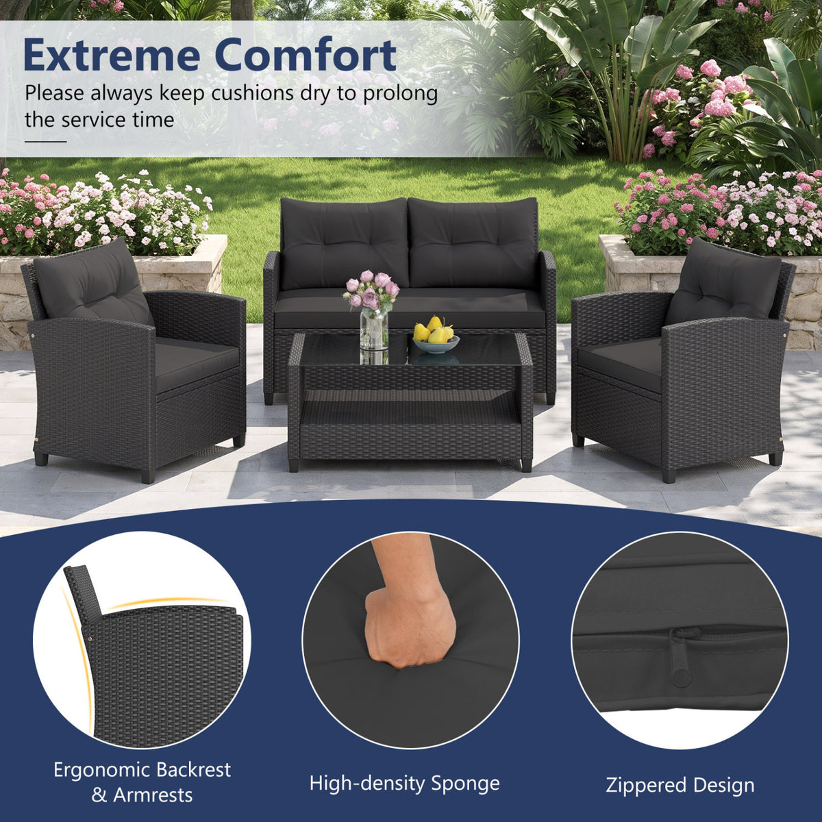 Set of 2 8 Pieces Patio Rattan Conversation Furniture Set with Glass Top Coffee Table, Black Patio Conversation Sets at Gallery Canada