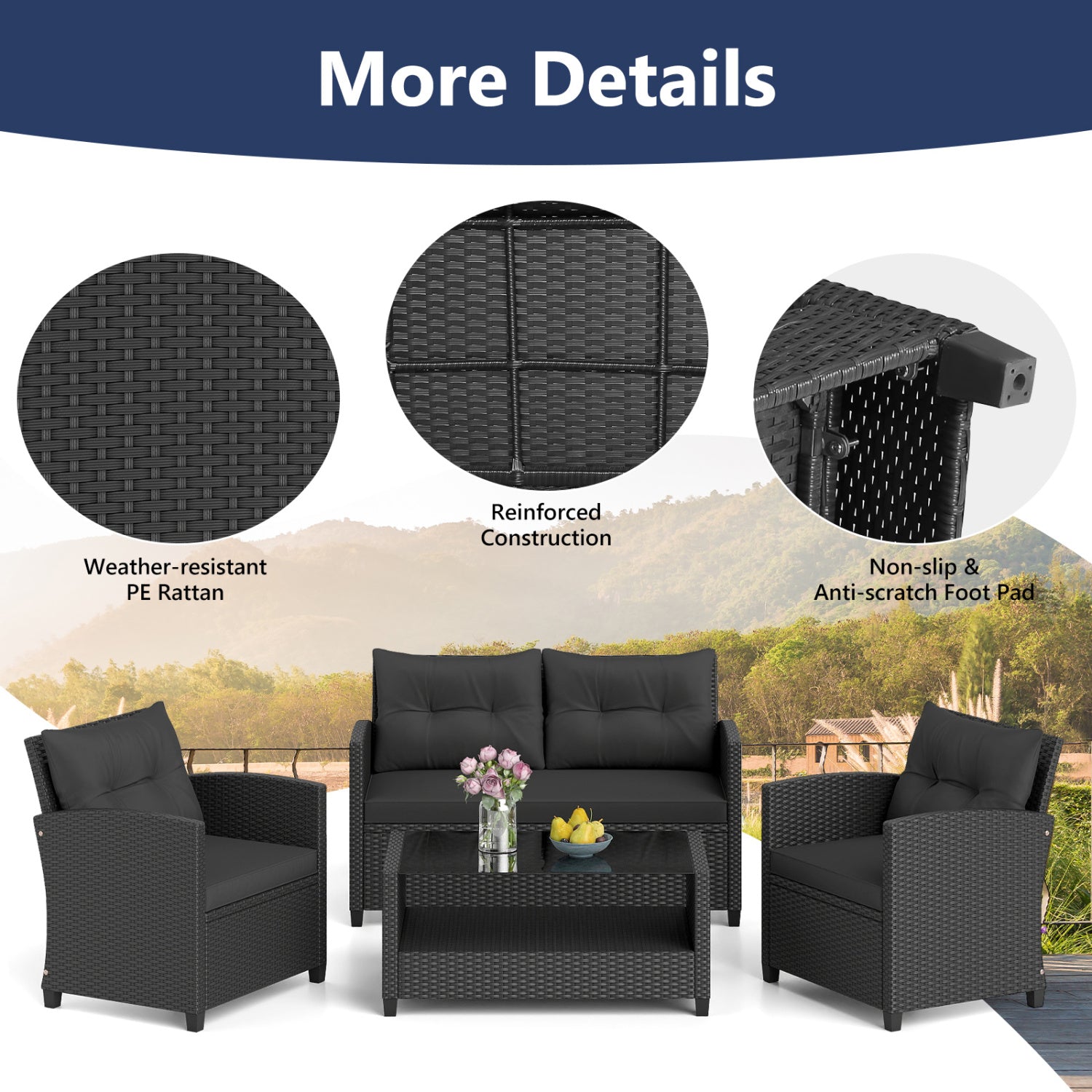 Set of 2 8 Pieces Patio Rattan Conversation Furniture Set with Glass Top Coffee Table, Black Patio Conversation Sets at Gallery Canada
