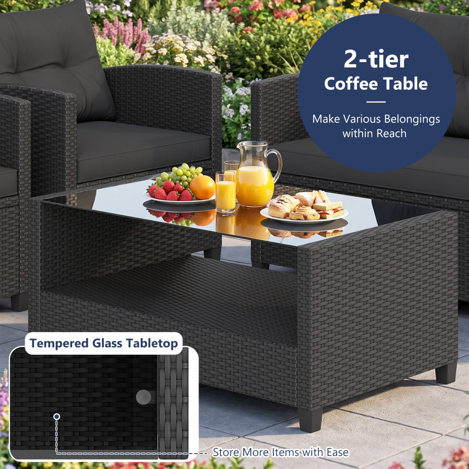 Set of 2 8 Pieces Patio Rattan Conversation Furniture Set with Glass Top Coffee Table, Black Patio Conversation Sets at Gallery Canada