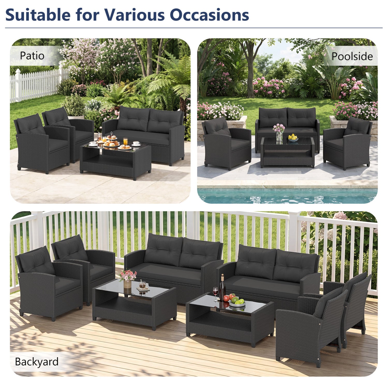 Set of 2 8 Pieces Patio Rattan Conversation Furniture Set with Glass Top Coffee Table, Black Patio Conversation Sets at Gallery Canada