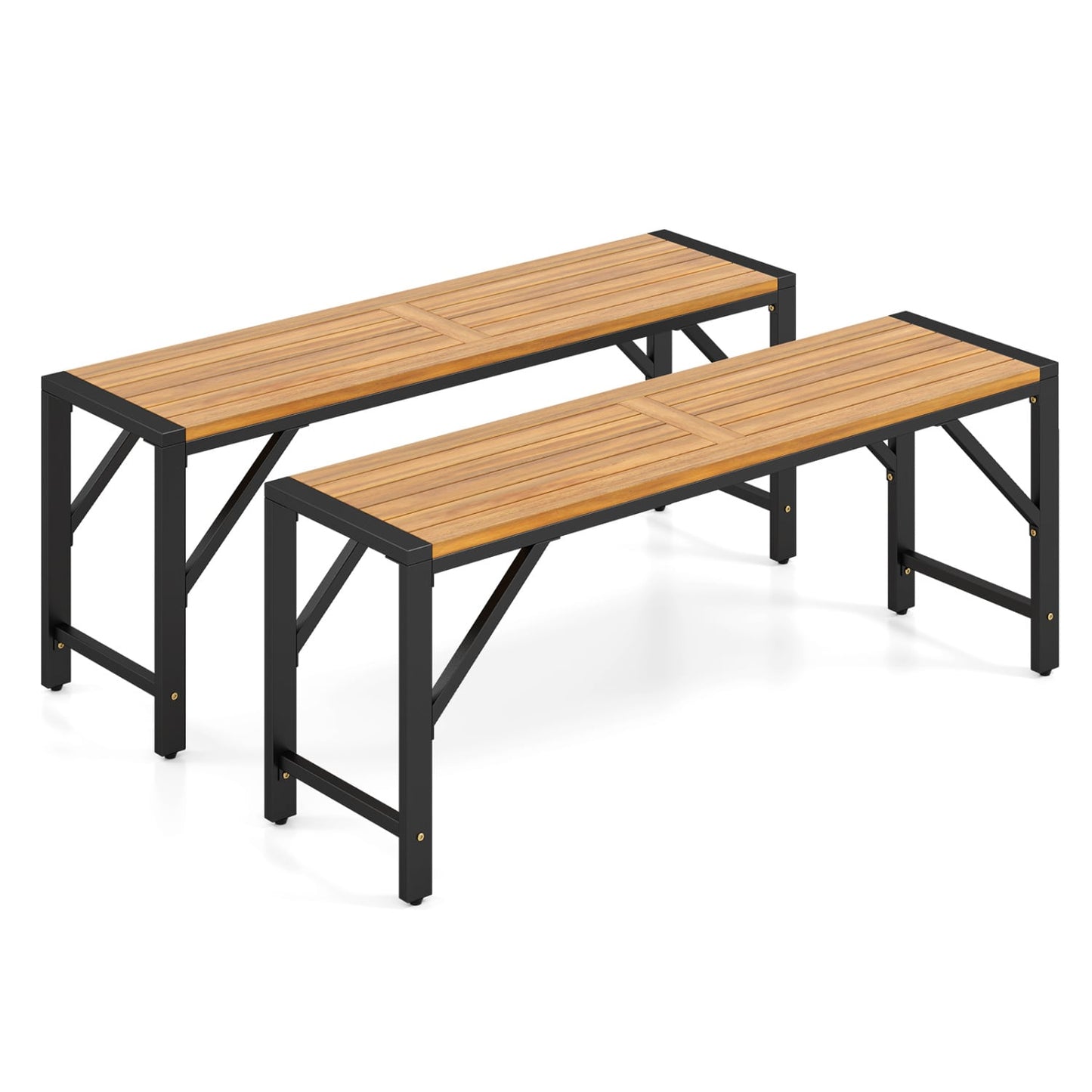 Set of 2 Acacia Wood Outdoor Bench 47.5", Slatted Seat Beach & Lawn Chairs Natural & Black at Gallery Canada