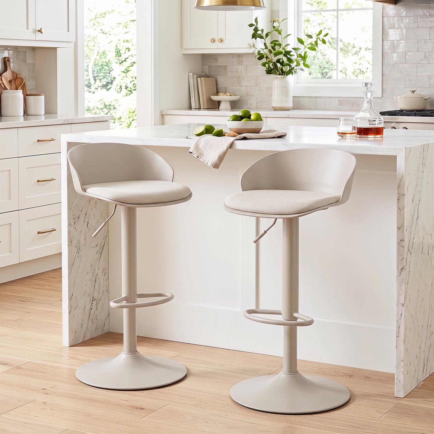 Ensemble de 2 tabourets de bar pivotants réglables, blanc crème