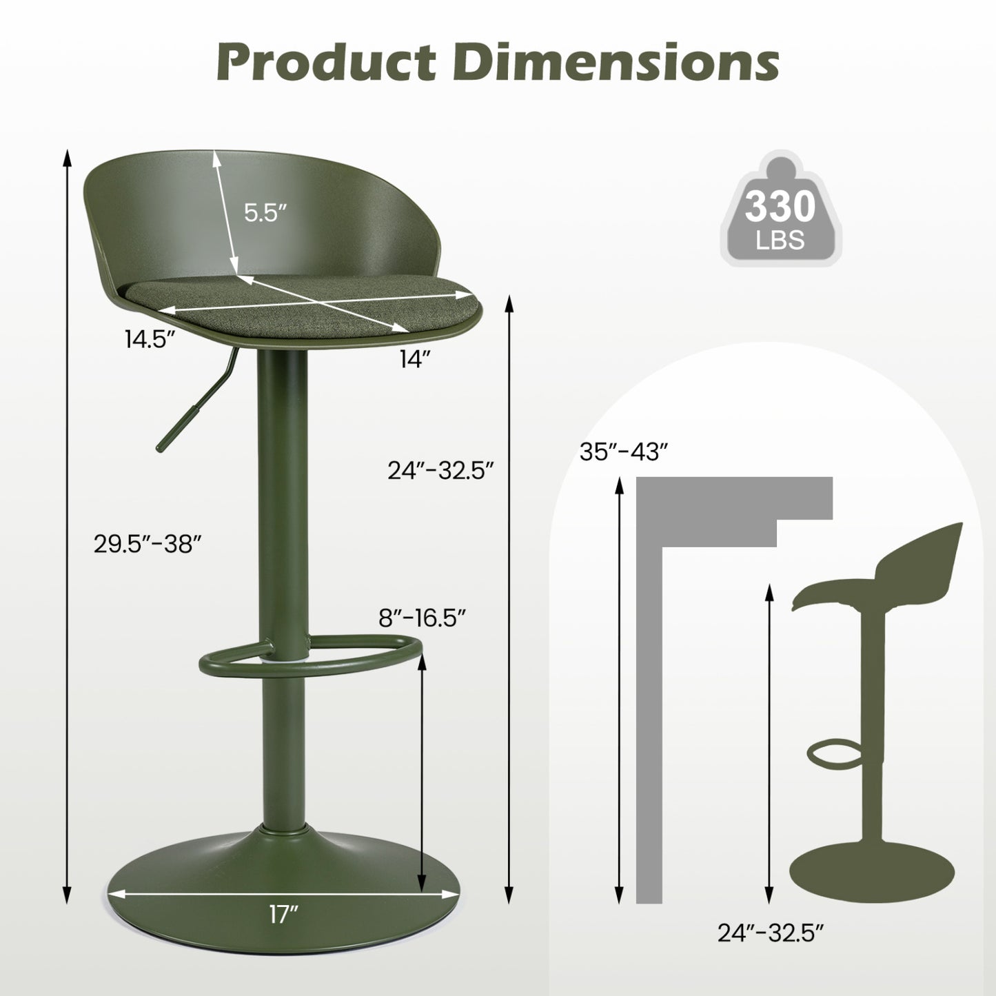 Tabourets de bar pivotants réglables avec dossier, repose-pieds, 330 livres, vert
