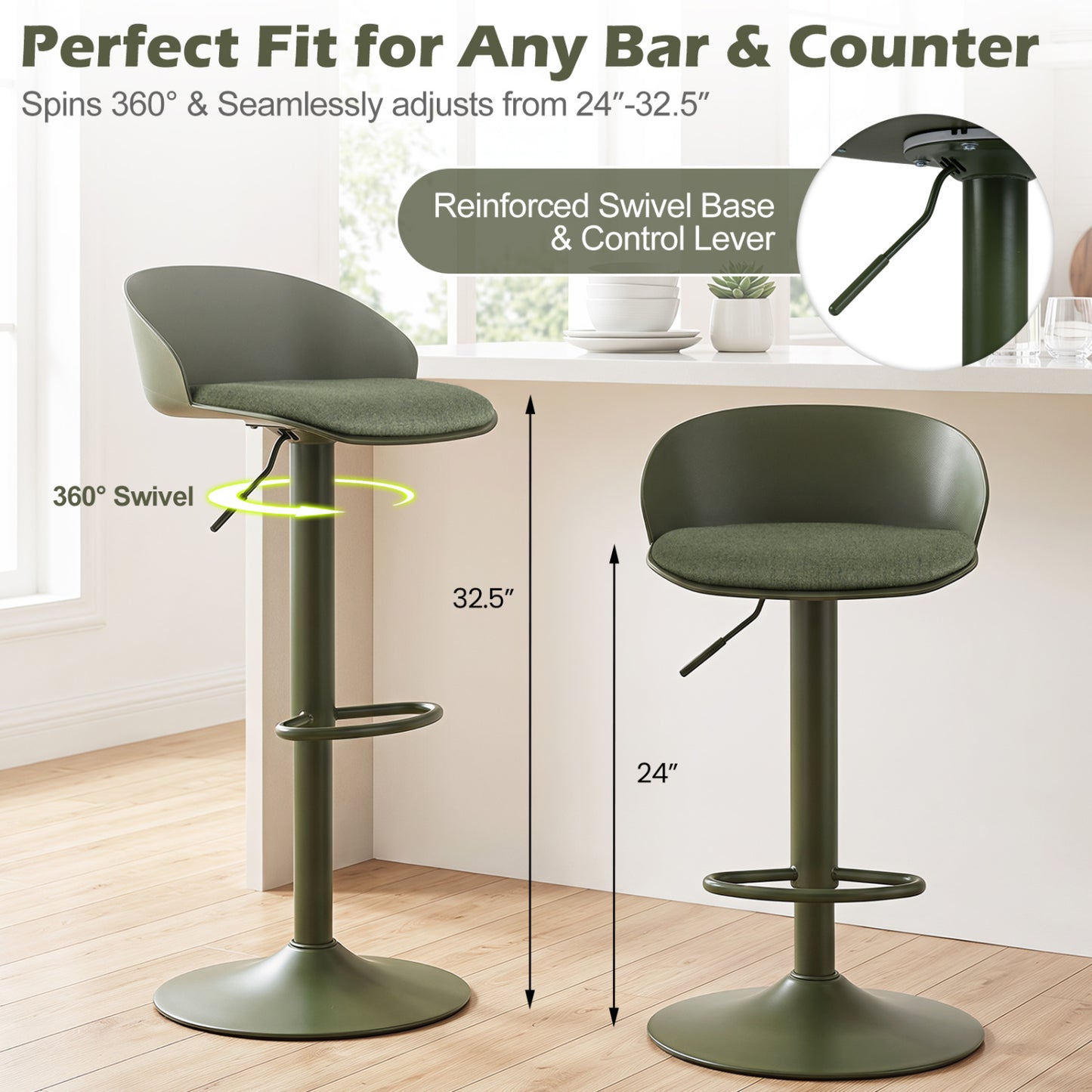 Tabourets de bar pivotants réglables avec dossier, repose-pieds, 330 livres, vert