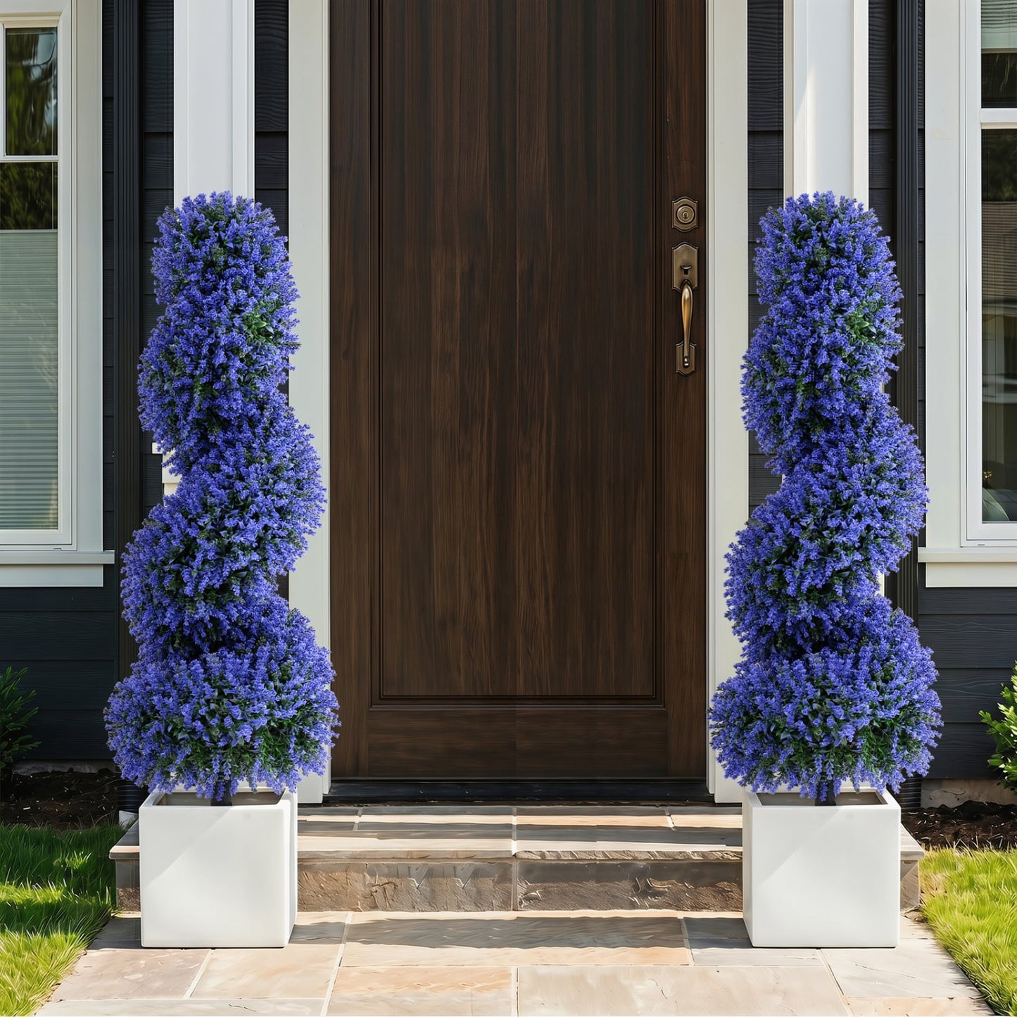 Set of 2 Artificial Spiral Topiary Trees with Sun Protection and Ground Spikes, Purple