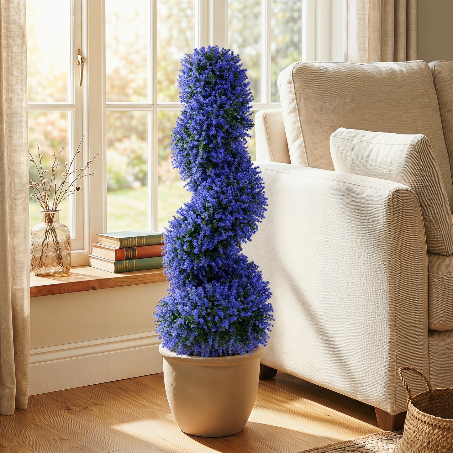 Set of 2 Artificial Spiral Topiary Trees with Sun Protection and Ground Spikes, Purple