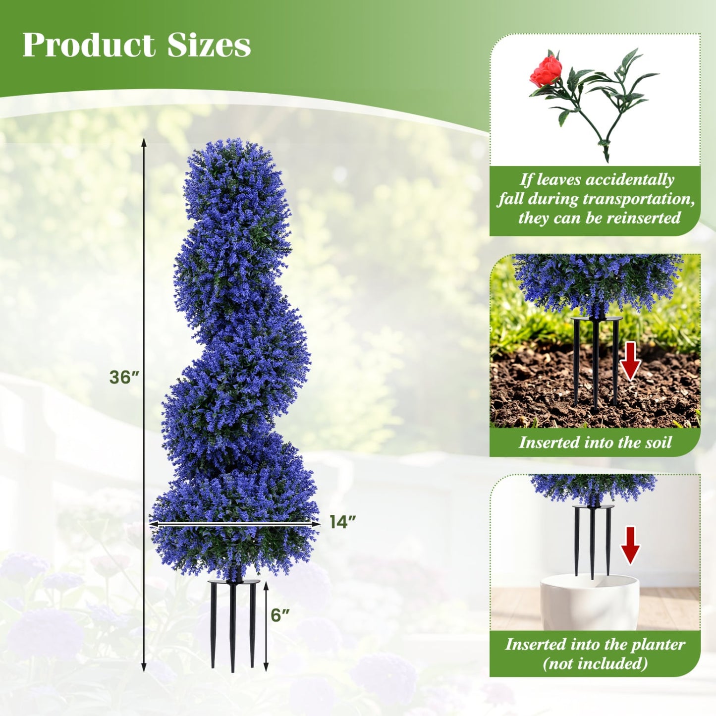 Set of 2 Artificial Spiral Topiary Trees with Sun Protection and Ground Spikes, Purple