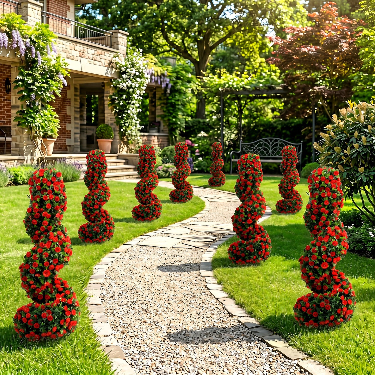 Set of 2 Artificial Spiral Topiary Trees with Sun Protection and Ground Spikes, Red
