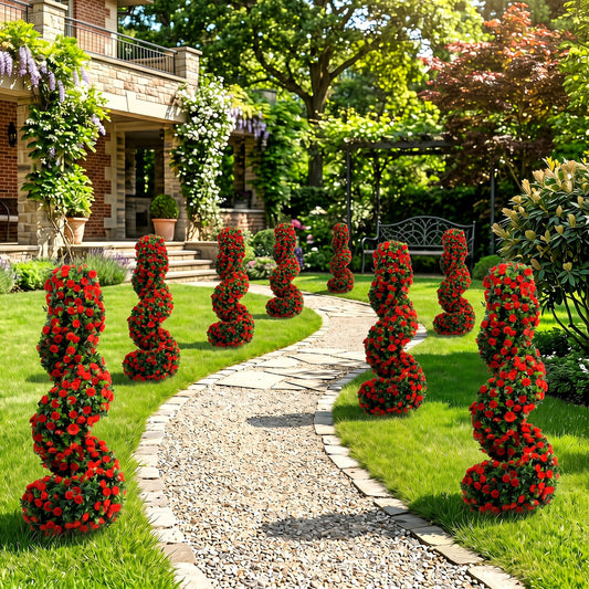 Set of 2 Artificial Spiral Topiary Trees with Sun Protection and Ground Spikes, Red Faux Plants Red at Gallery Canada