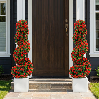 Set of 2 Artificial Spiral Topiary Trees with Sun Protection and Ground Spikes, Red