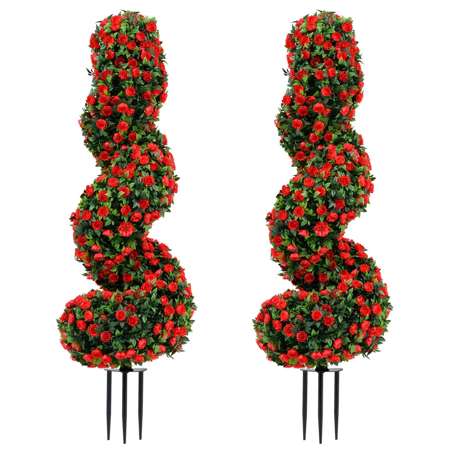Set of 2 Artificial Spiral Topiary Trees with Sun Protection and Ground Spikes, Red