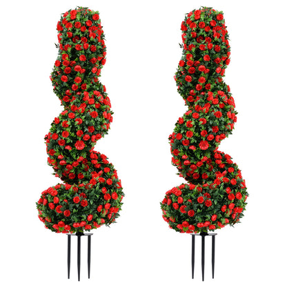 Set of 2 Artificial Spiral Topiary Trees with Sun Protection and Ground Spikes, Red