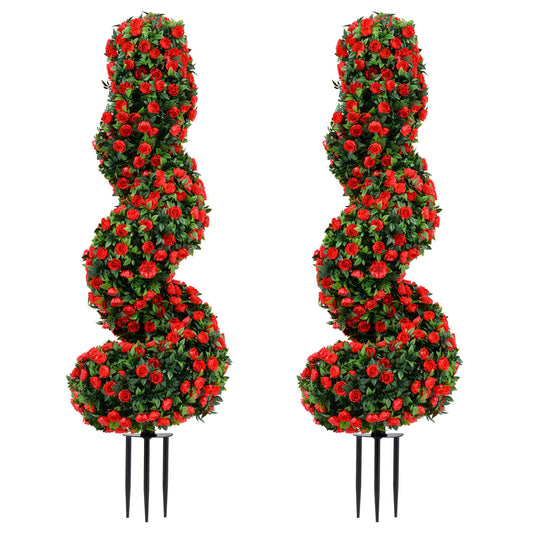 Set of 2 Artificial Spiral Topiary Trees with Sun Protection and Ground Spikes, Red Faux Plants Red at Gallery Canada