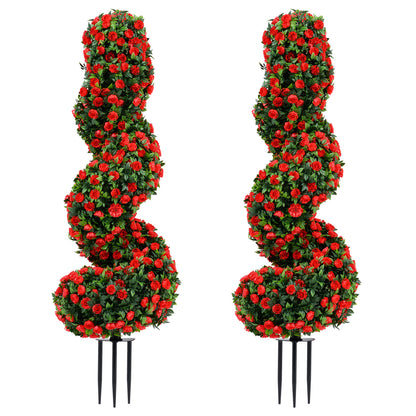 Set of 2 Artificial Spiral Topiary Trees with Sun Protection and Ground Spikes, Red Faux Plants Red at Gallery Canada