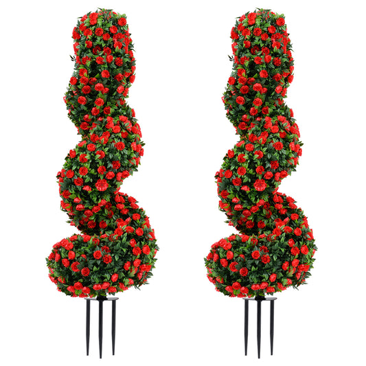 Set of 2 Artificial Spiral Topiary Trees with Sun Protection and Ground Spikes, Red Faux Plants Red at Gallery Canada