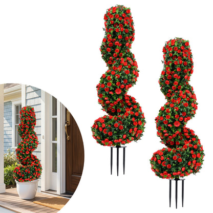 Set of 2 Artificial Spiral Topiary Trees with Sun Protection and Ground Spikes, Red
