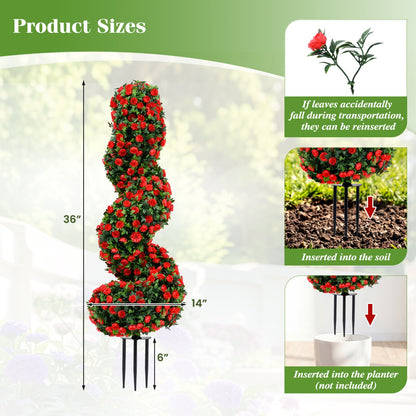 Set of 2 Artificial Spiral Topiary Trees with Sun Protection and Ground Spikes, Red