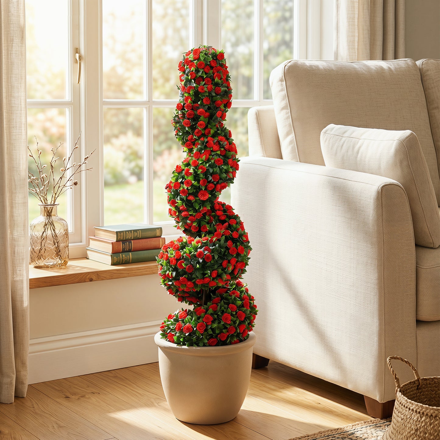 Set of 2 Artificial Spiral Topiary Trees with Sun Protection and Ground Spikes, Red