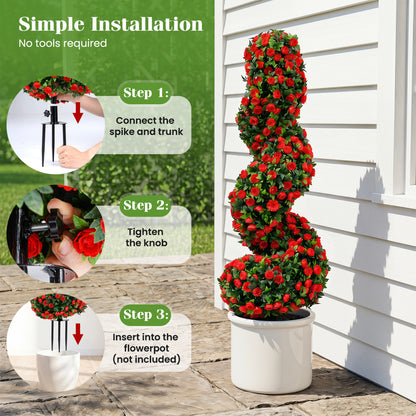 Set of 2 Artificial Spiral Topiary Trees with Sun Protection and Ground Spikes, Red