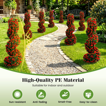 Set of 2 Artificial Spiral Topiary Trees with Sun Protection and Ground Spikes, Red