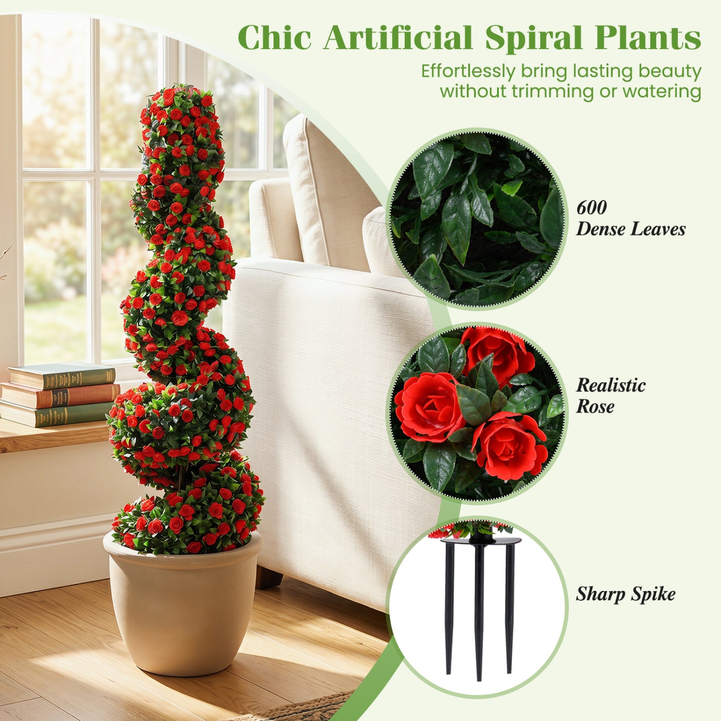 Set of 2 Artificial Spiral Topiary Trees with Sun Protection and Ground Spikes, Red