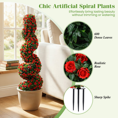 Set of 2 Artificial Spiral Topiary Trees with Sun Protection and Ground Spikes, Red